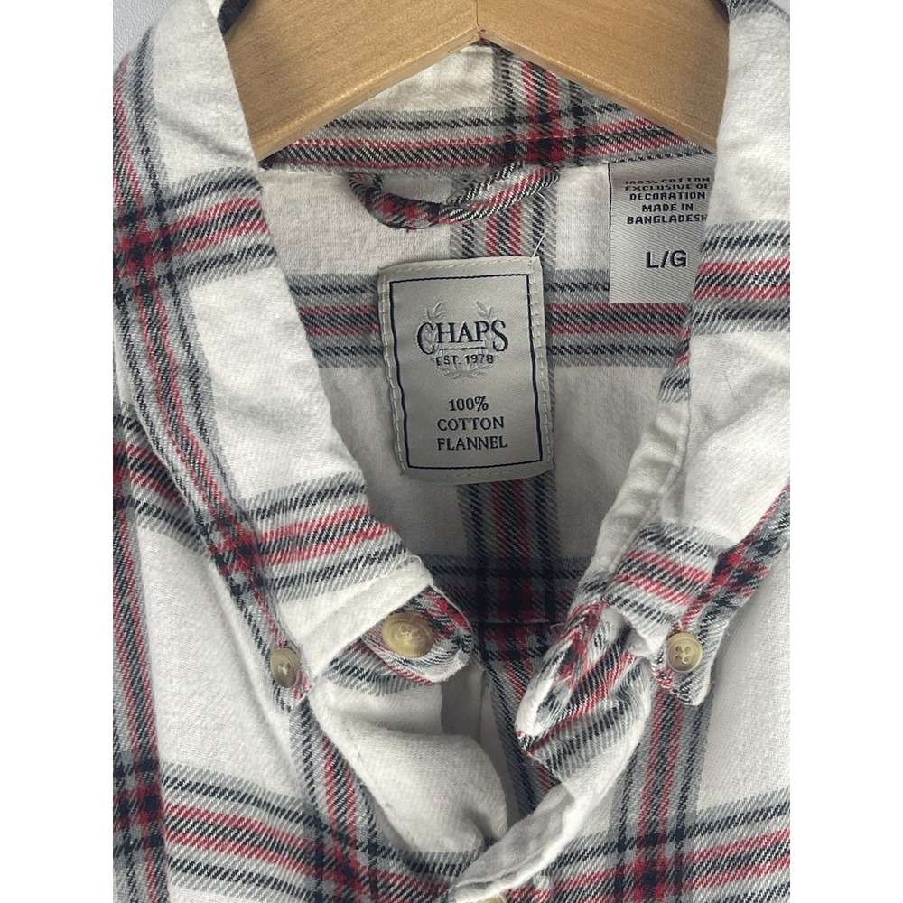 Chaps Shirt Men's Size L White And Red 100% Cotton Long Sleeve Button Up Plaid - Picture 3 of 7